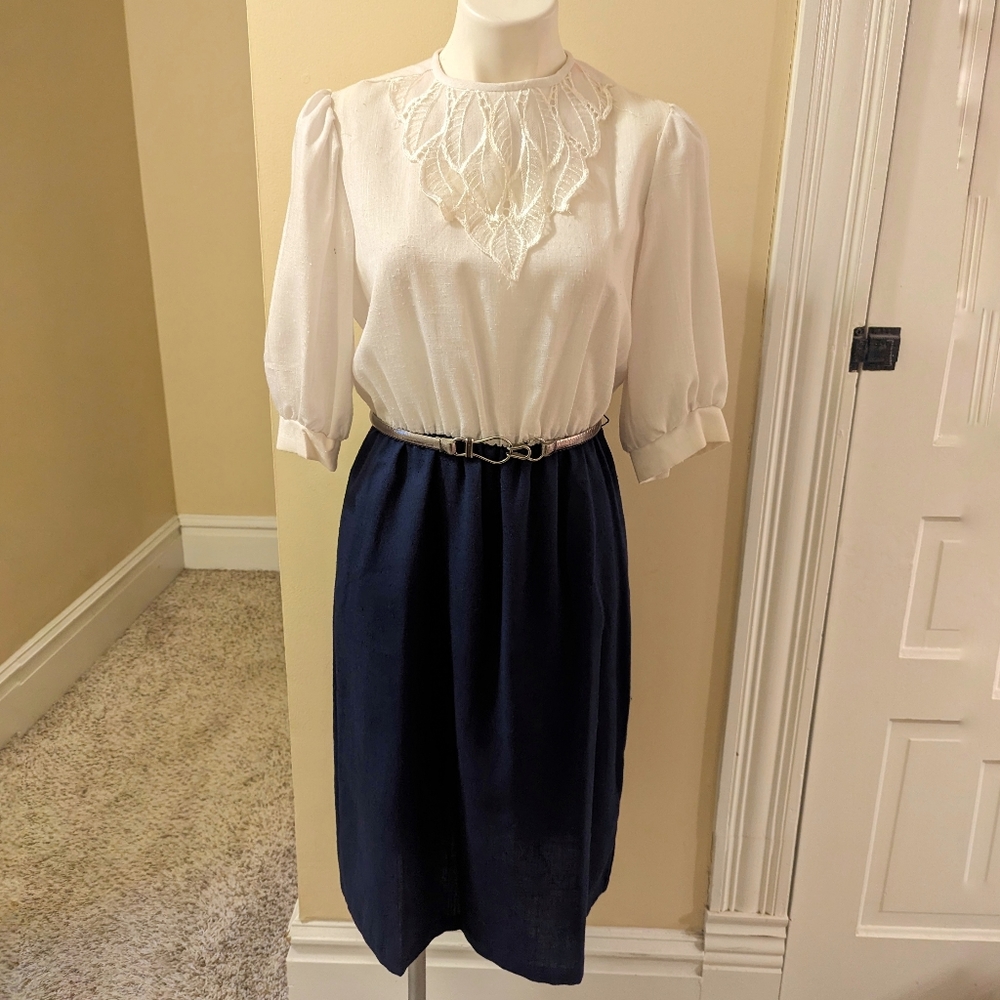 Vintage Amy-Deb cram and navy blue dress size M